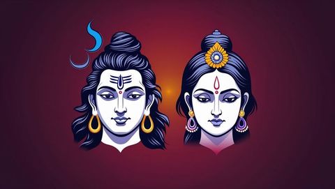 Stylized divine couple with spiritual symbols on gradient background