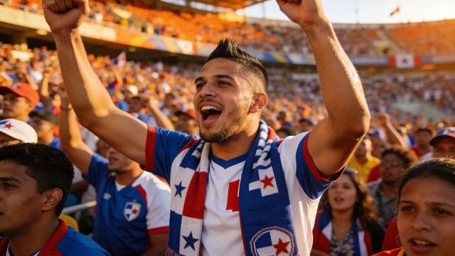 Energetic football fan cheering in crowded stadium wearing red white blue scarf