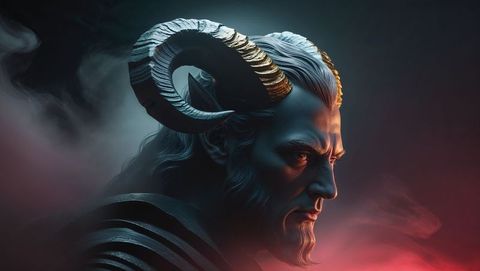 Mythical satan with ram horns in mystical glow