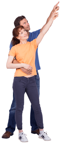 Transparent Couple Embracing While Pointing Upwards