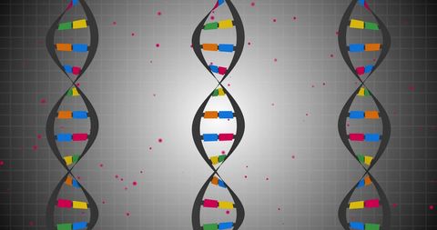 DNA Strands on Abstract Grid Background with Digital Elements