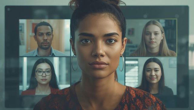 Businesswoman Engaging in Virtual Team Meeting on Transparent Screen