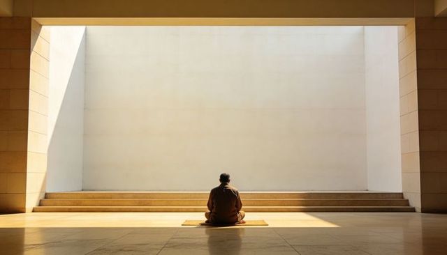 Meditating man in sunlit minimalist hall with symmetrical architecture and warm shadows