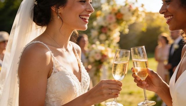 Two brides toasting champagne at outdoor garden wedding arch celebrating love and joy