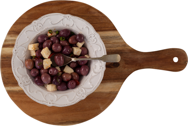 Close-up of Olives and Cheese in White Plate on Wooden Board, Transparent Background - Download Free Stock Videos Pikwizard.com