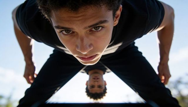 Teen leaning over lens bending forward with friend appearing below outdoor candid portrait