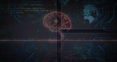 Pulsing neural network brain hovering over neon circuit grid with globe and data streams