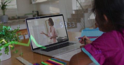 Girl Taking Online Class at Home Desk with Laptop Teacher, Notebook and Colorful Markers