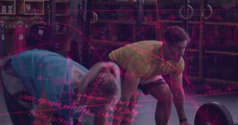 Couple lifting loaded barbell with magenta data overlay in functional fitness studio