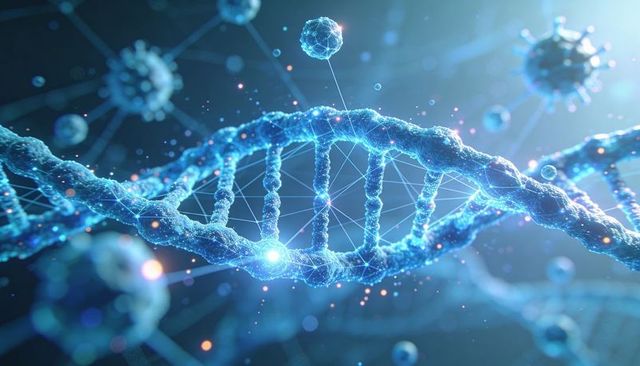 Rotating dna helix glowing with nanonetwork and particles connecting molecular networks