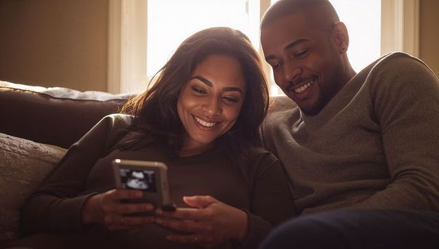 Expectant couple smiling at ultrasound on phone while relaxing together on sofa