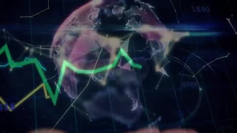 Rotating Digital Globe with Data Line Graphs Overlay
