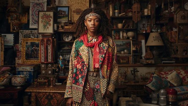 Bohemian Portrait Woman Wearing Layered Vintage Patterns and Red Scarf in Antique Shop