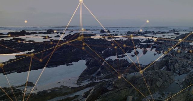 Coastal reflection with futuristic connectivity overlay