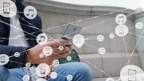 Man Using Smartphone with Musical Icons Connecting Devices