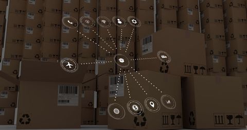 Connected shipping network with cardboard boxes and digital icons