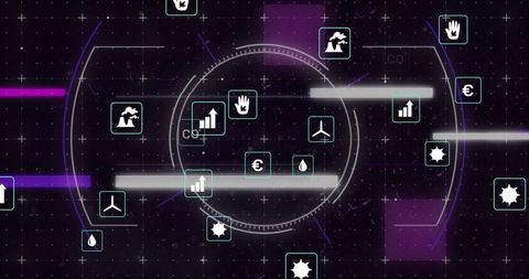 Futuristic telemetry dashboard rotating circular gauge with co2 energy and finance icons