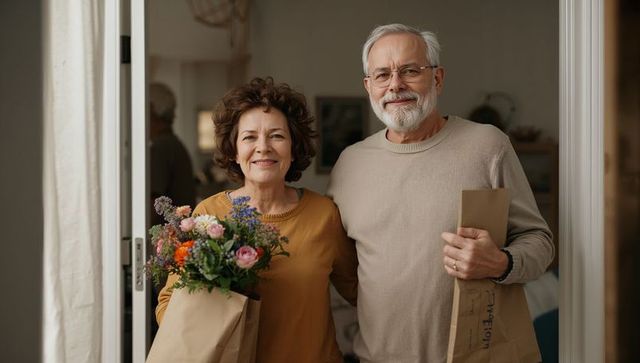 Senior Couple Standing in Doorway Holding Flowers and Groceries Smiling Warm Welcome