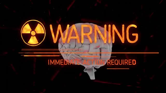 The graphic shows a warning alert with a radiation symbol over a brain, indicating an urgent need for action. It can be used in contexts related to health emergencies, environmental hazards, safety alerts, and medical warnings. Suitable for illustrating concepts of brain hazards, radiation effects, health and safety protocols, or emergency preparedness.