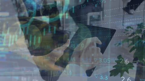 Businessman Analyzing Financial Data on Digital Tablet with City Overlay