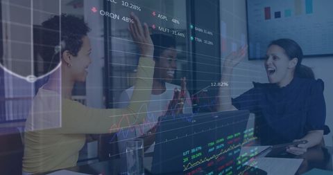 Diverse Team Celebrating Success Digital Finance Overlay