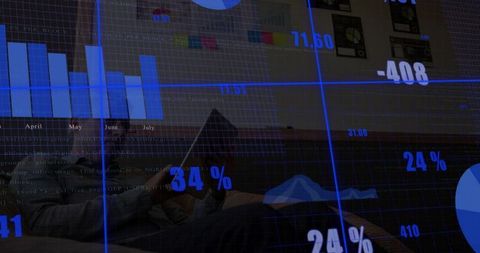 Business analyst tracking real-time tablet data with holographic dashboard overlay