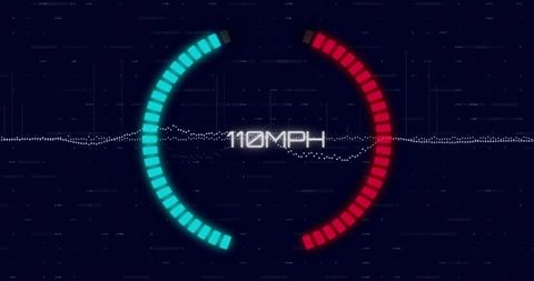 Futuristic HUD Speedometer Displaying 110MPH with Neon Cyan and Red Semi-Circle Gauges
