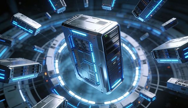 Hovering central server tower rotating in futuristic circular data hub with blue leds