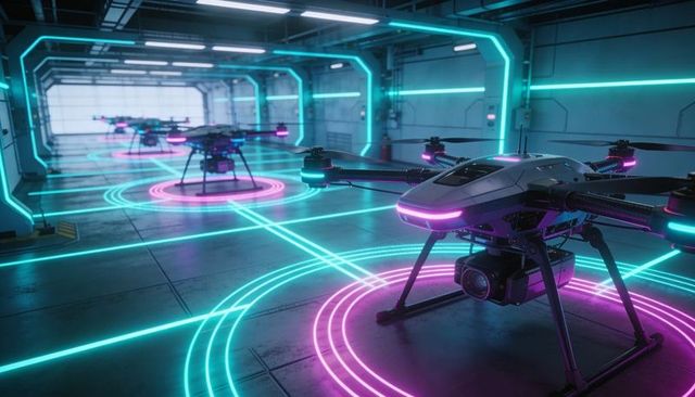 Futuristic neon-illuminated multirotor drone fleet charging on cyber hangar landing pads