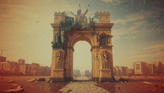 Crumbling triumphal arch with modern skyscrapers rising through ruined city gateway