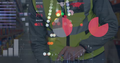 Warehouse Worker Analyzing Digital Financial Data with Infographics