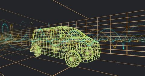 Neon Wireframe SUV Model with Waveform Visualization