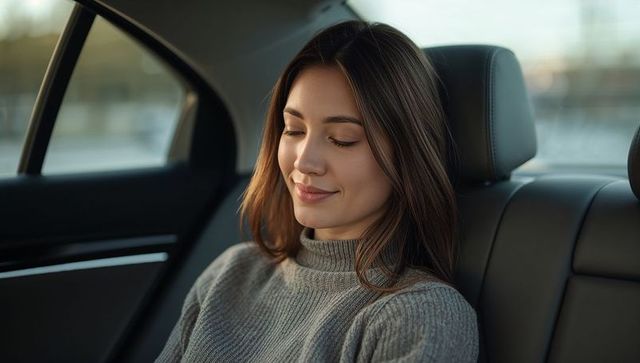 Smiling woman relaxing in back seat wearing grey turtleneck with leather car interior