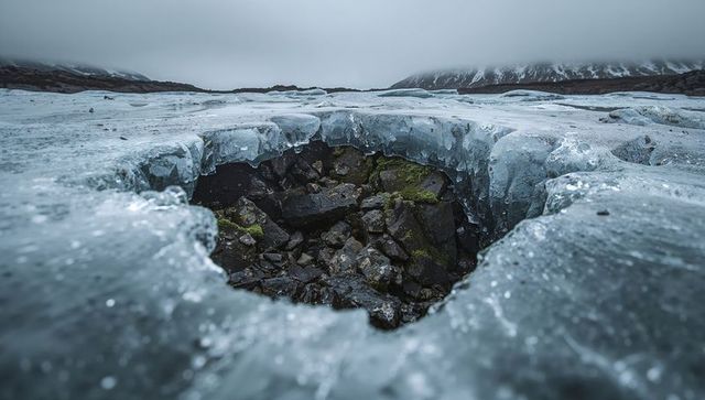 Icy crevasse revealing jagged bedrock and moss on remote glacier plateau under low fog