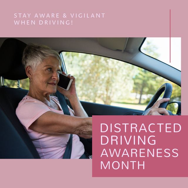 Senior Woman Talking on Phone While Driving Car for Distracted Driving Awareness - Download Free Stock Templates Pikwizard.com