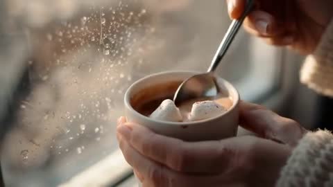 Cozy Moment: Stirring Marshmallows into Hot Cocoa by Rainy Window