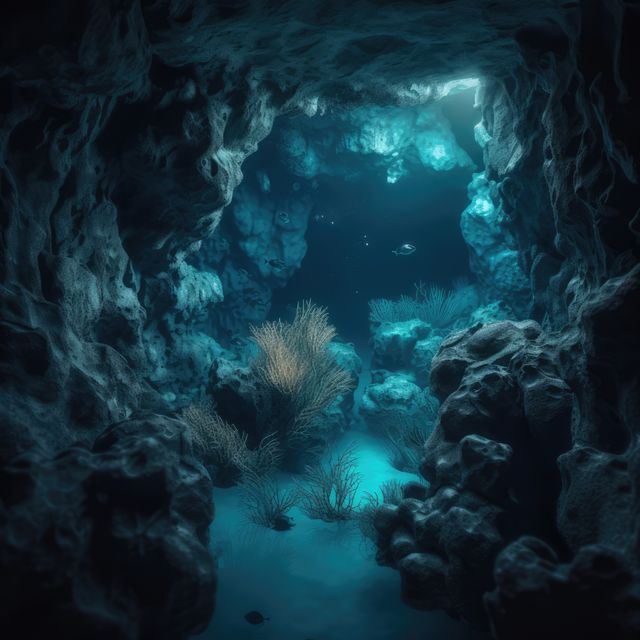 Rays of sunlight, fish and plant life in underwater cave, created using generative ai technology - Download Free Stock Photos Pikwizard.com