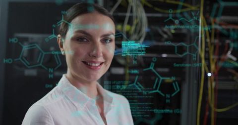 Female Worker with Chemical Formulas in Modern Server Room