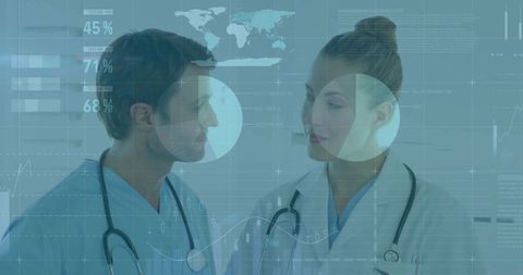 Doctors analyzing digital medical data with graphics overlay