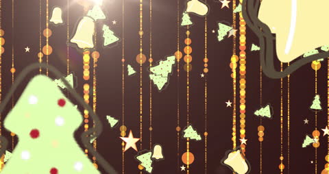 Animated Falling Christmas Trees and Bells with Golden Trails Background