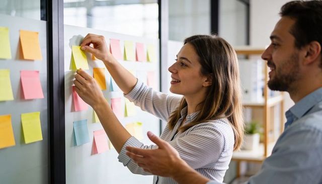 Team members collaborating with sticky notes on glass board for agile planning