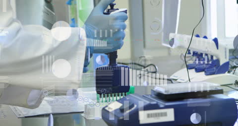 Scientist Analyzing Data with Laboratory Equipment and Digital Interface