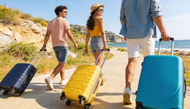 Friends walking along sunlit coastal path pulling bright suitcases