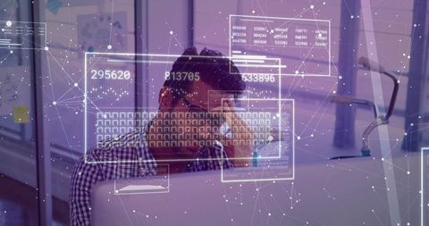Data analyst staring at holographic dashboards, processing numeric data streams for insight