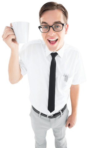 nerdy businessman holding coffee mug with happy expression transparent - Download Free Stock Videos Pikwizard.com