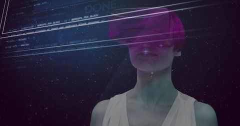 Woman Immersed in Virtual Reality with Data Interface