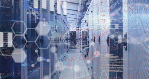 Futuristic Data Center Overlay with Mathematical Calculations