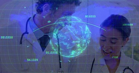 Doctors Analyzing Holographic Globe with Data in Innovative Lab