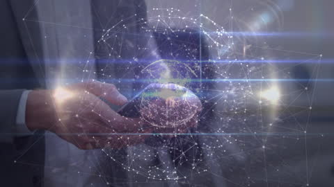 Business Person Using Smartphone with Global Network Hologram