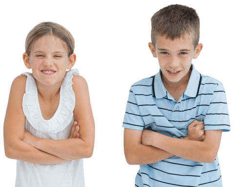 Transparent Joyful Siblings Posing Playfully with Folded Arms